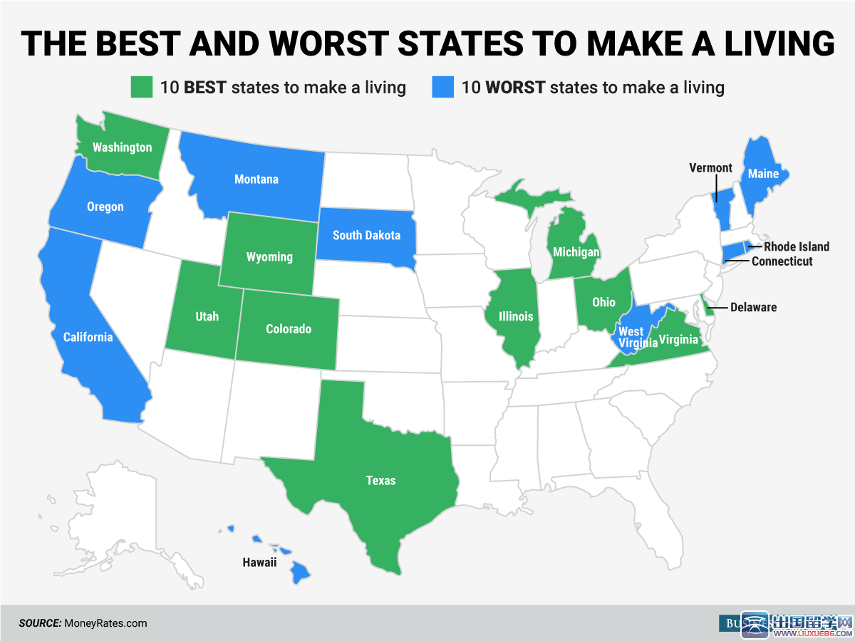 2015年美国最适合谋生与最不适合谋生的州